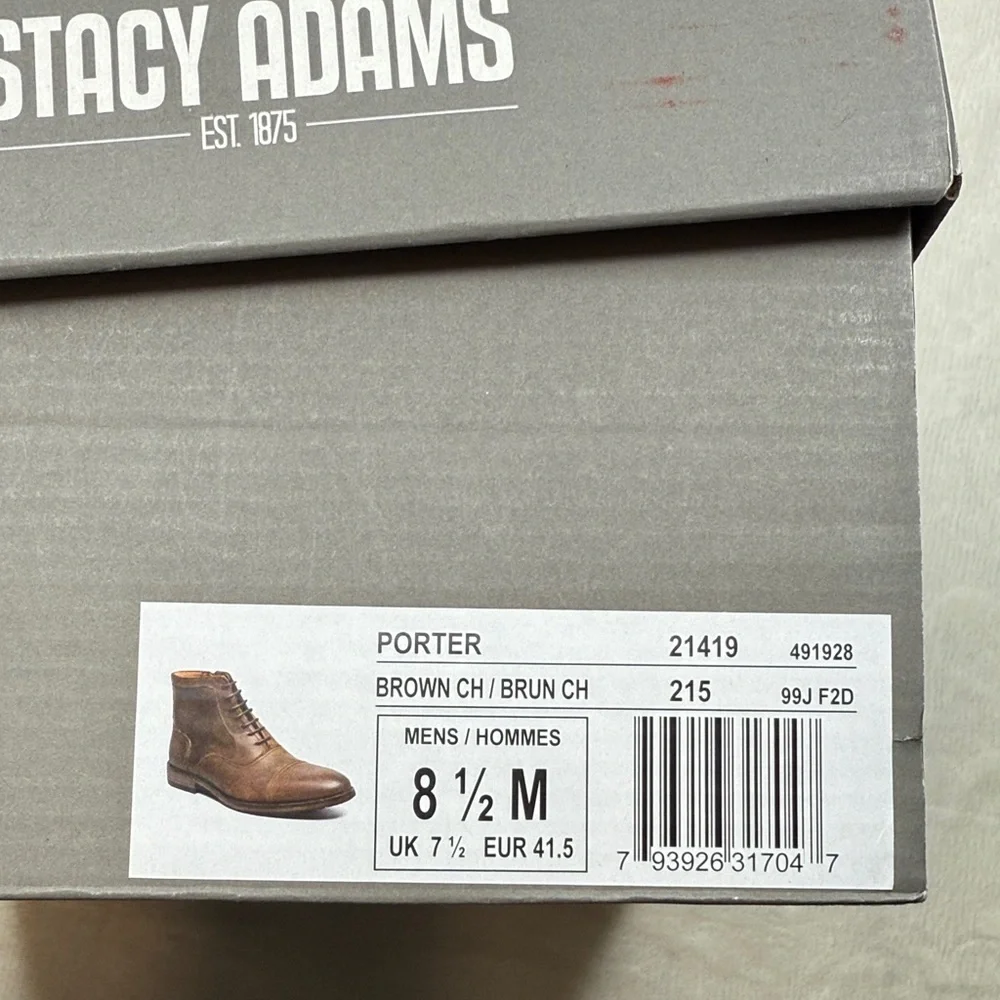Stacy Adams Men's Porter Brown Leather Cap Toe Boots- Size 8.5
